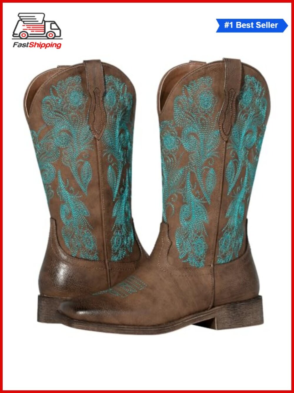 ✨ Western Floral Embroidered Faux Leather Cowgirl Boots Square Toe Mid-Calf